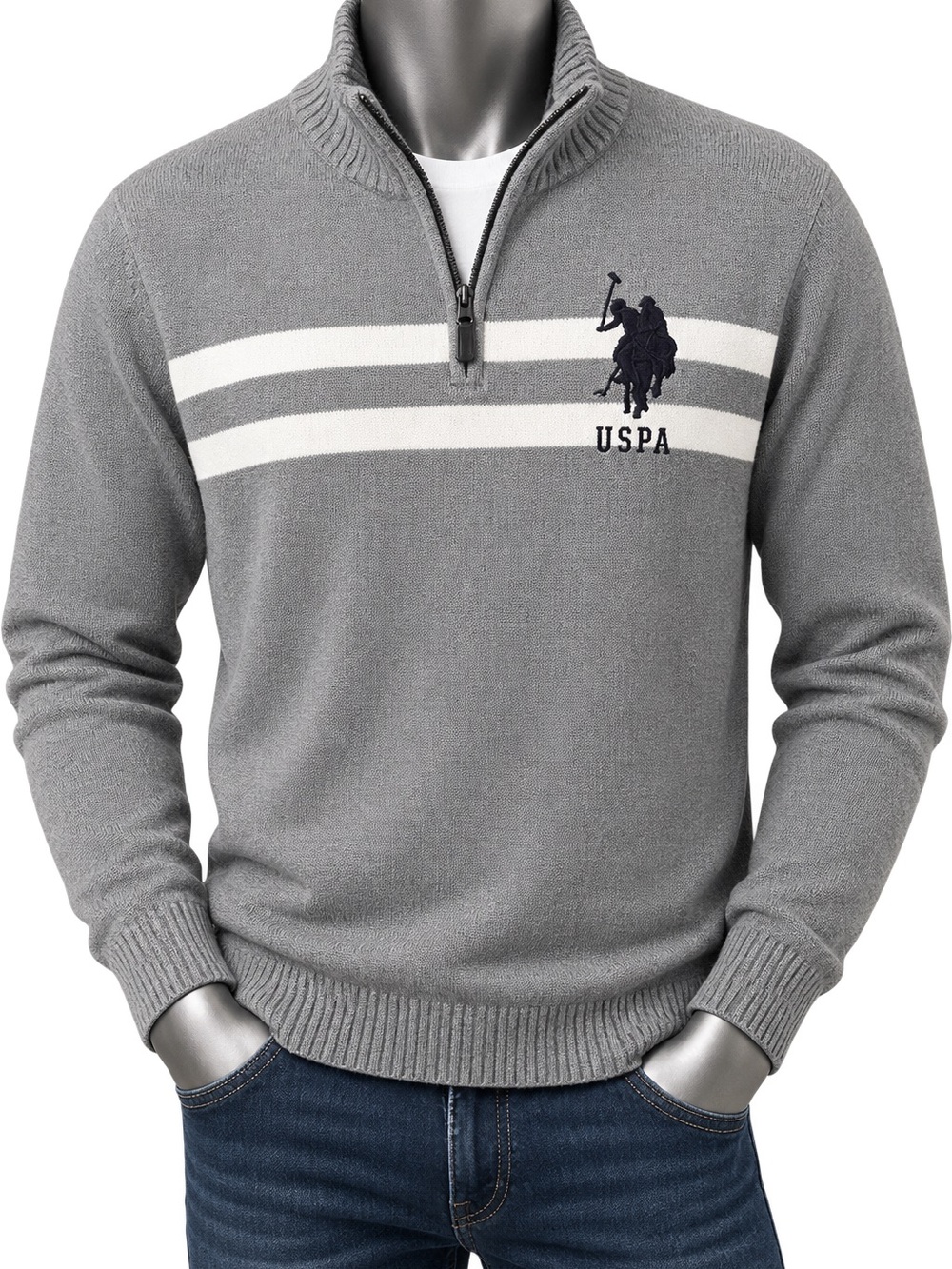 U.S. Polo Assn. Gray Zip-Front Sweater with White Stripes